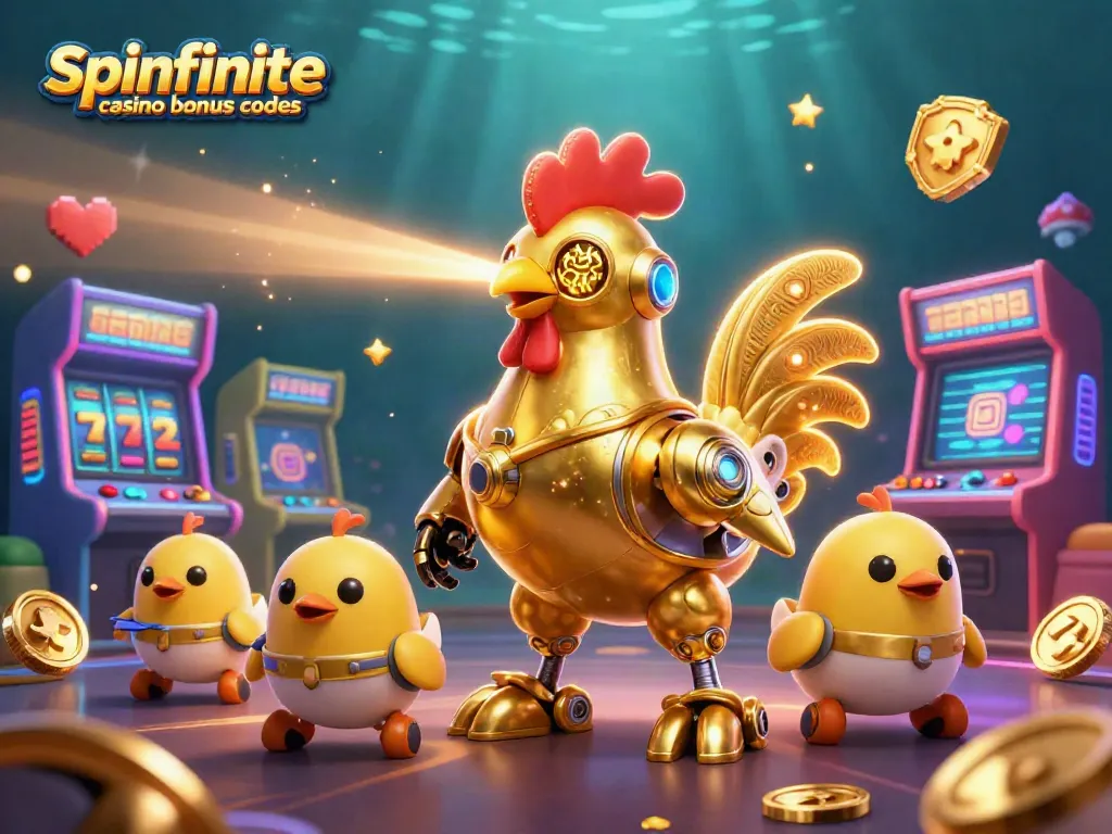 Experience spinfinite casino bonus codes with a dynamic 3D illustration showcasing colorful casino elements.