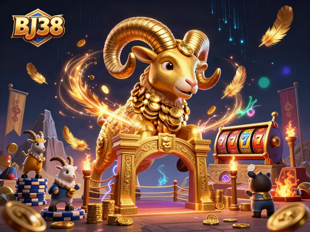 Experience thrilling gameplay with BJ38, showcasing a golden ram amidst dynamic casino elements.