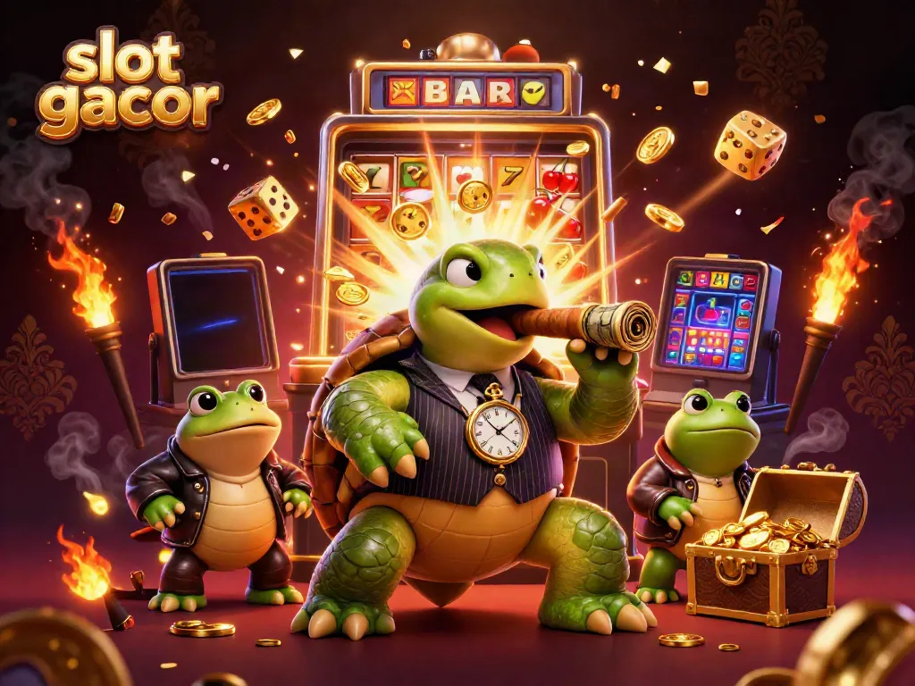 Vibrant slot gacor illustration featuring a snapping turtle in a mobster suit among casino elements.
