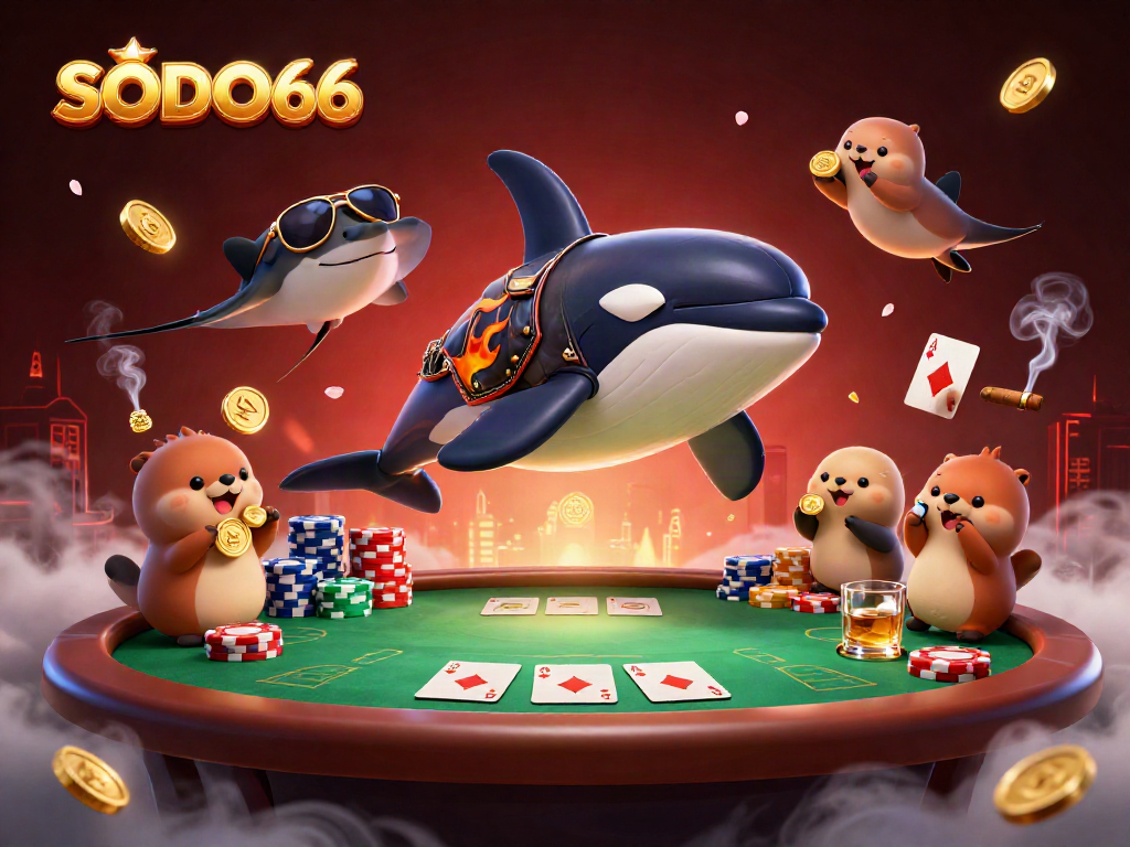 SODO66 engages players with a lively casino scene featuring animated ocean characters and dynamic poker tables.
