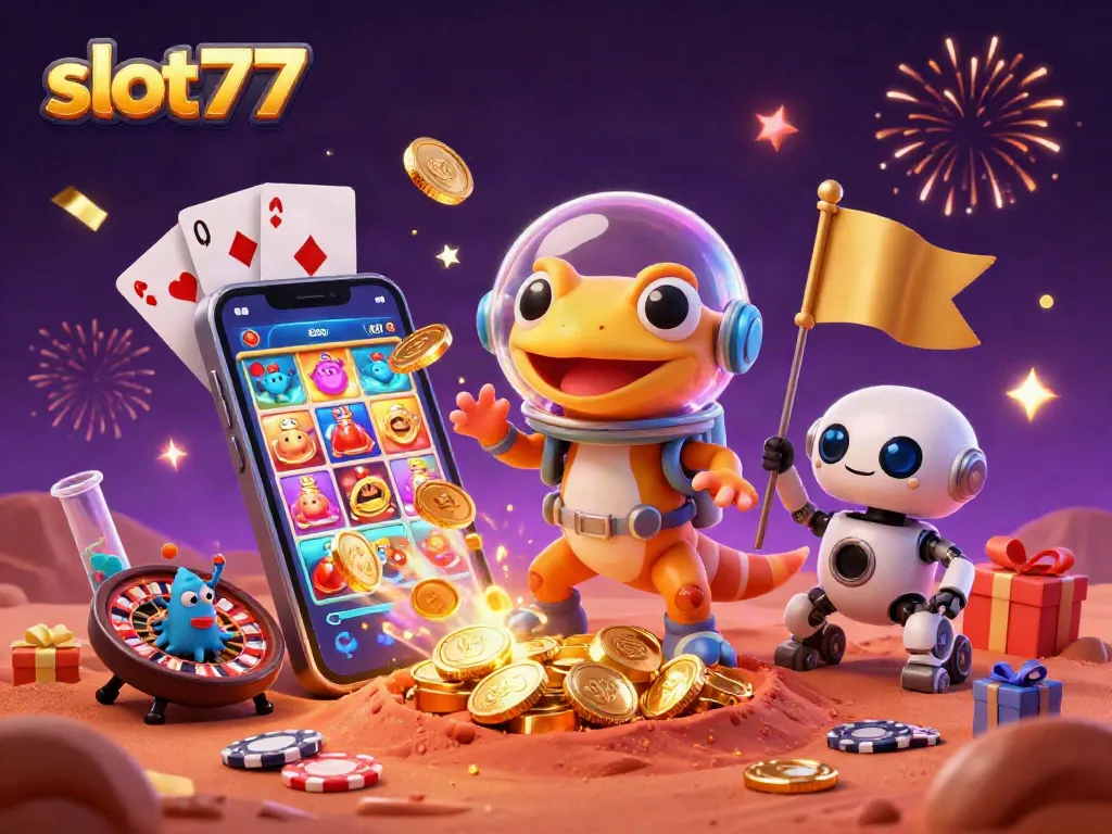 Slot777 menghadirkan permainan slot online menarik dengan simbol, chip, dan koin berkilau di latar belakang kasino.