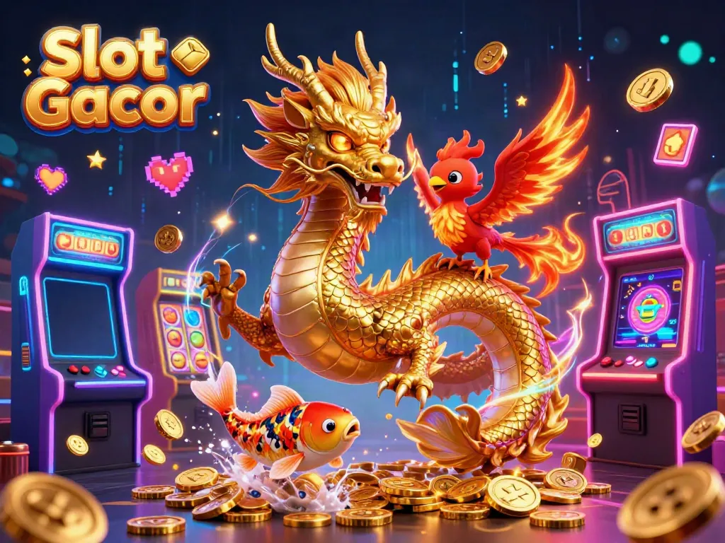 Experience Slot Gacor's exciting gameplay with a fierce dragon, phoenix, and koi amidst vibrant slot elements.