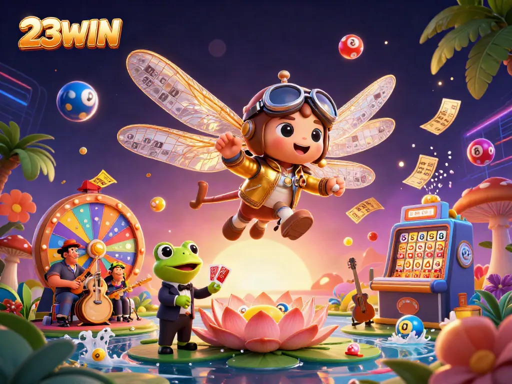 Engage with 23WIN at a vibrant lily pad casino featuring a dragonfly pilot, frog croupier, and lively jazz musicians.