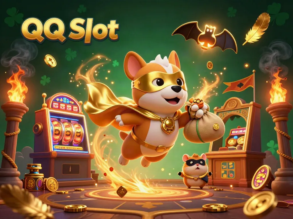 Experience thrilling wins with QQ Slot as a superhero dog flies with coins, surrounded by dynamic slot gaming elements.