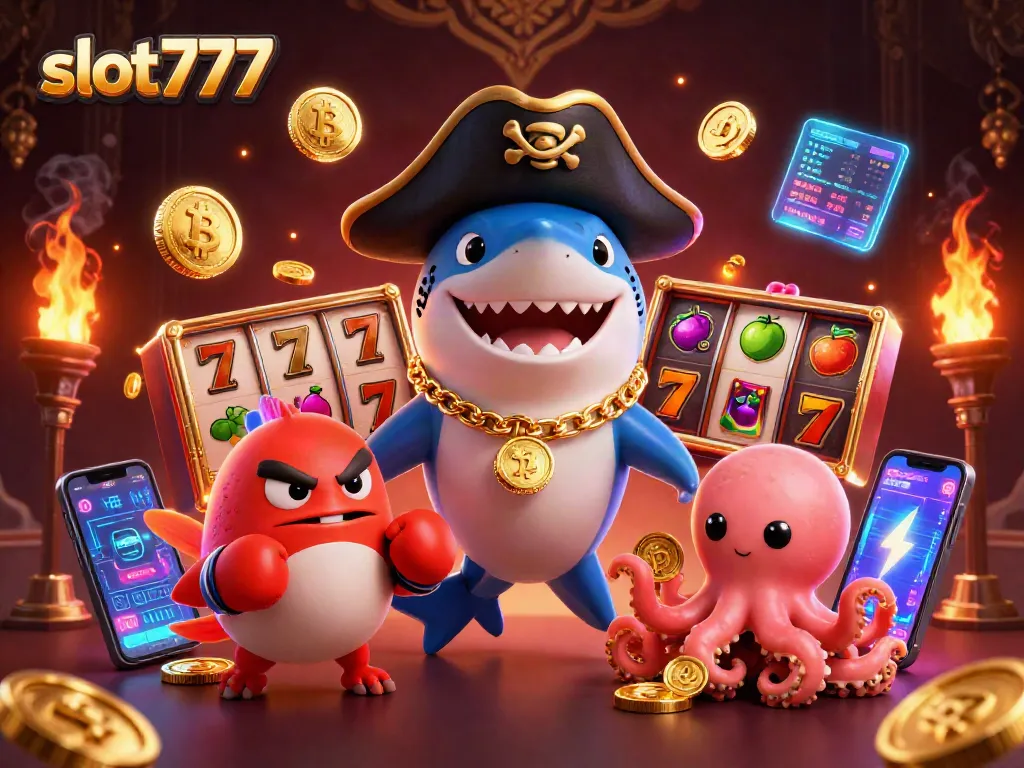Mainkan slot777 dengan karakter kartun menggemaskan dikelilingi oleh simbol permainan dan koin emas.