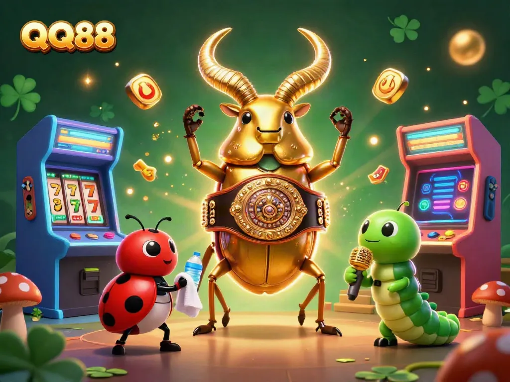 Experience the thrill of QQ88 with vibrant characters in a dynamic 3D casino scene showcasing colorful arcade elements.