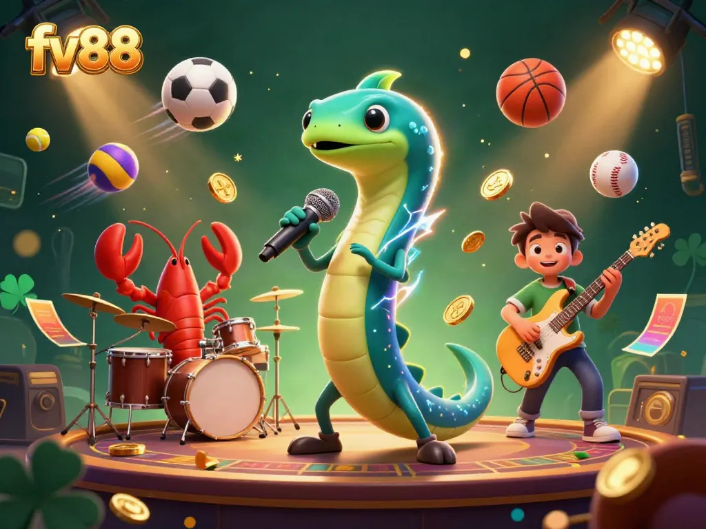Experience thrilling action at fv88 with a vibrant underwater casino scene featuring a DJ electric eel and animated sports elements.