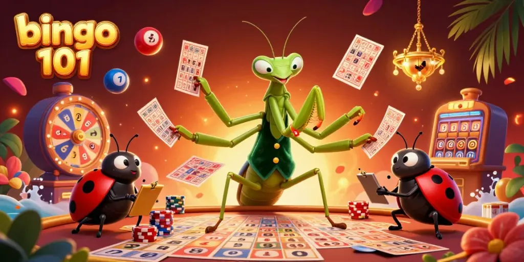 Bermain bingo 101 dengan kartu dan bola, dipenuhi dengan elemen berwarna cerah.