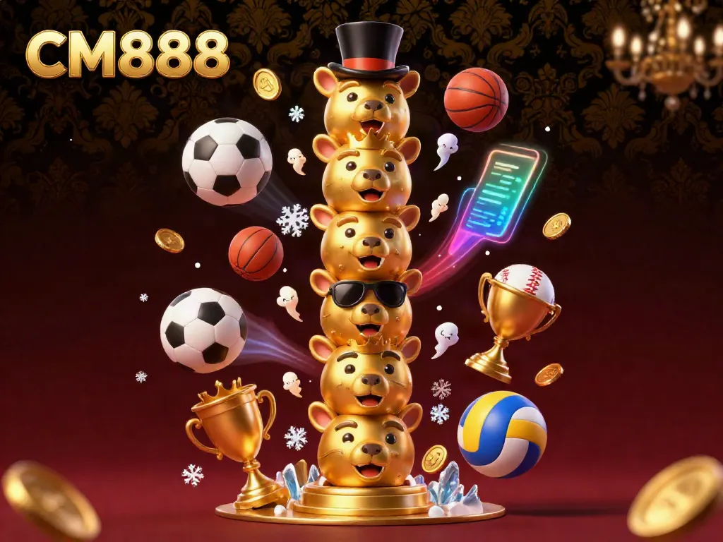 Engage in thrilling CM888 gameplay with a golden totem pole and dynamic sports elements in this 3D casino illustration.