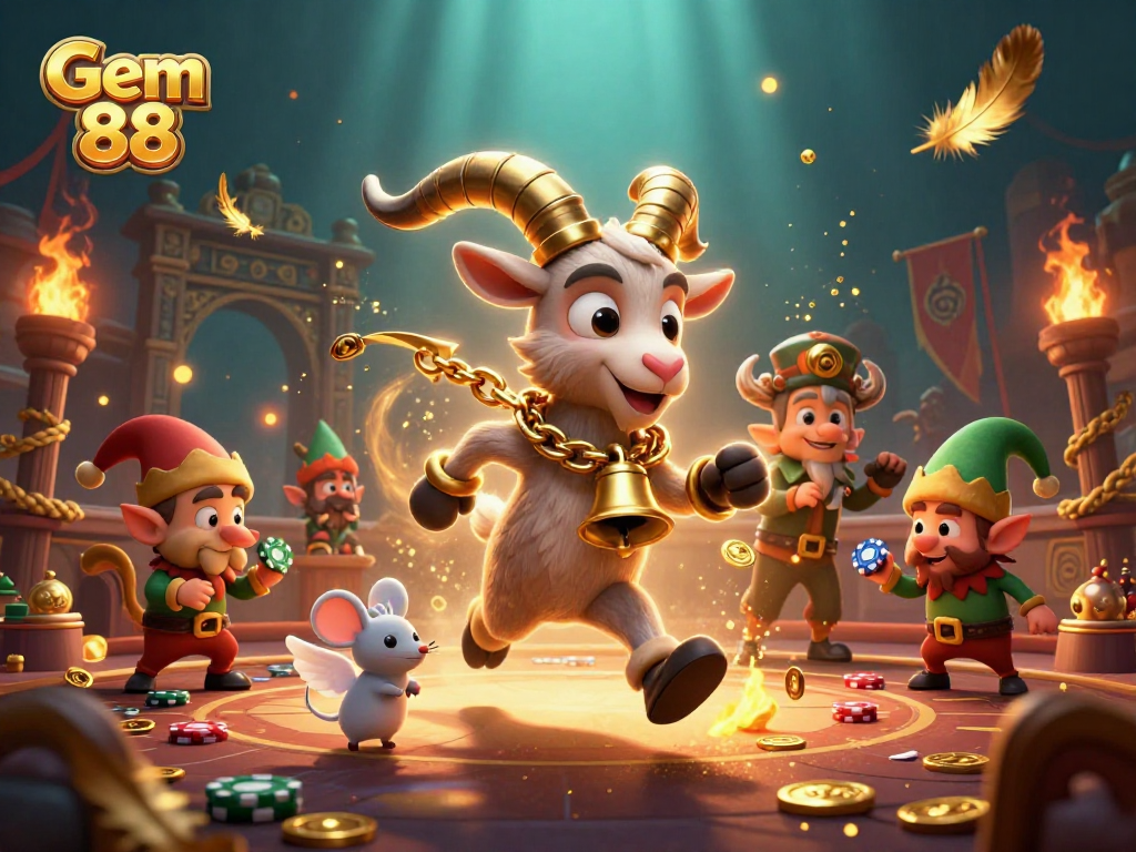 Gem 88 casino image featuring Krampus goat and gremlins in an energetic holiday setting.