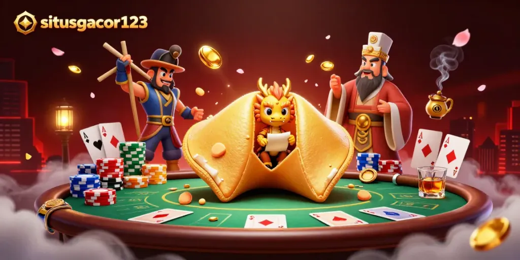 Experience the excitement of situsgacor123 with this dynamic casino-themed illustration featuring a golden fortune cookie and poker elements.