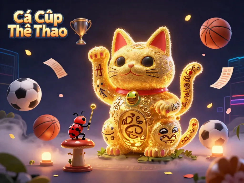 Cá Cược Thể Thao showcases an animated lucky cat formed by fireflies in an exciting sports betting scene.