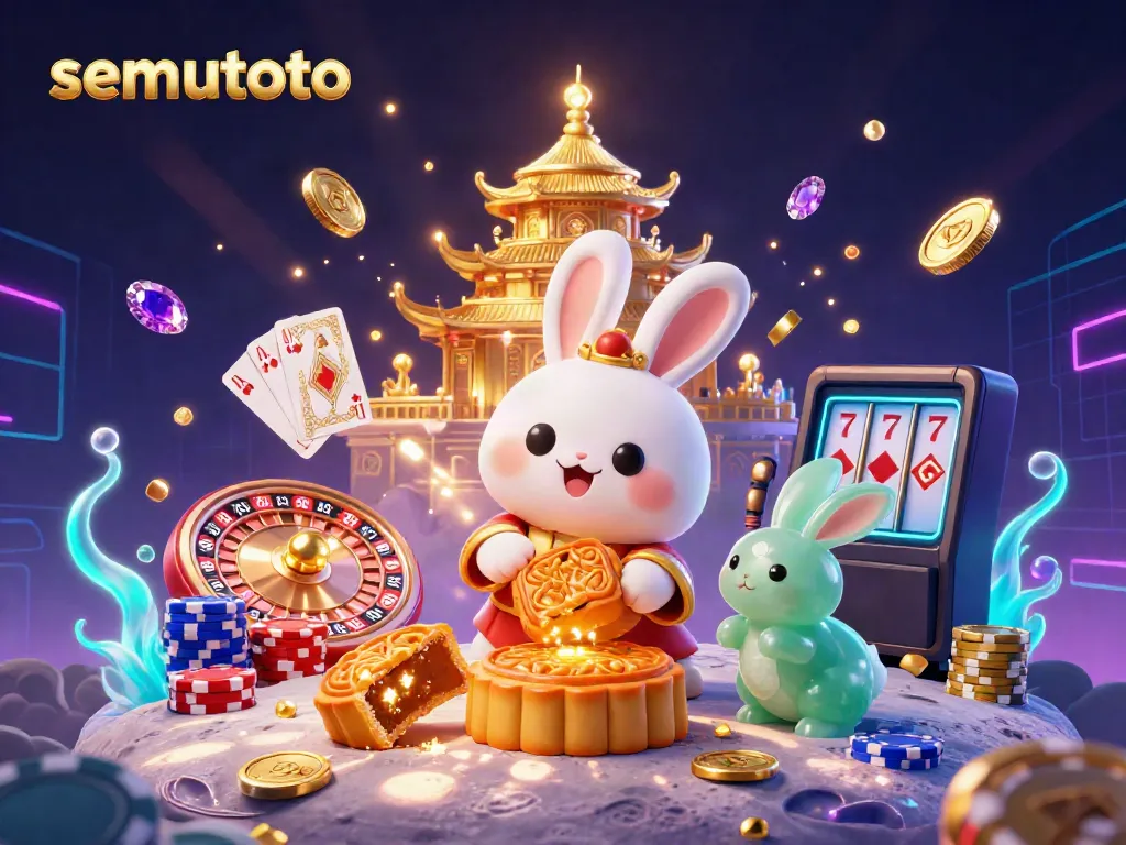Permainan semutoto dengan karakter kelinci bulan yang menghasilkan koin emas dan chip poker dalam suasana meriah.
