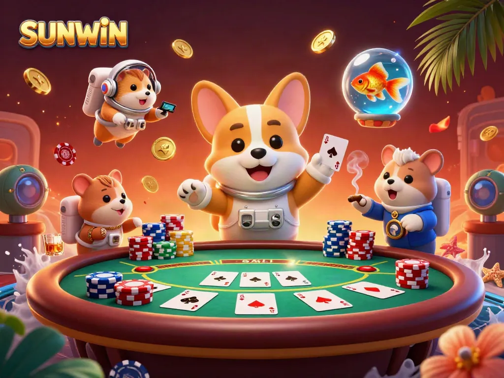 Engage with SUNWIN at the space casino, featuring a playful astronaut corgi and animated characters.