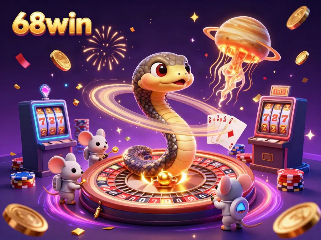 Experience the thrill of 68win’s gambling universe with a cosmic twist, featuring unique characters and vibrant casino elements.