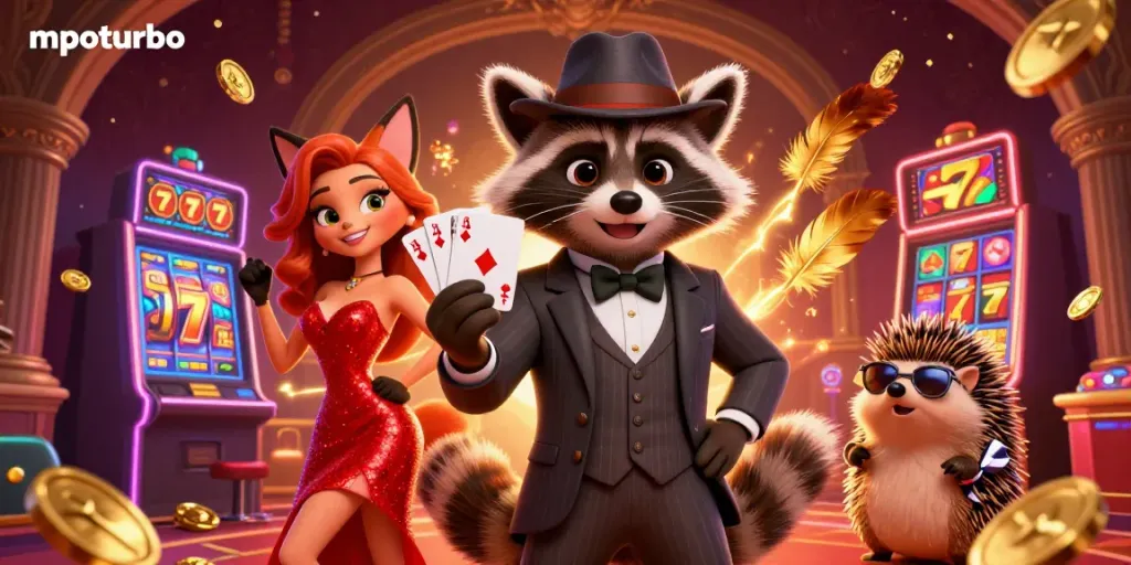 Experience the excitement of mpoturbo casino with a raccoon, fox lady, and hedgehog bouncer in a vibrant 3D scene.