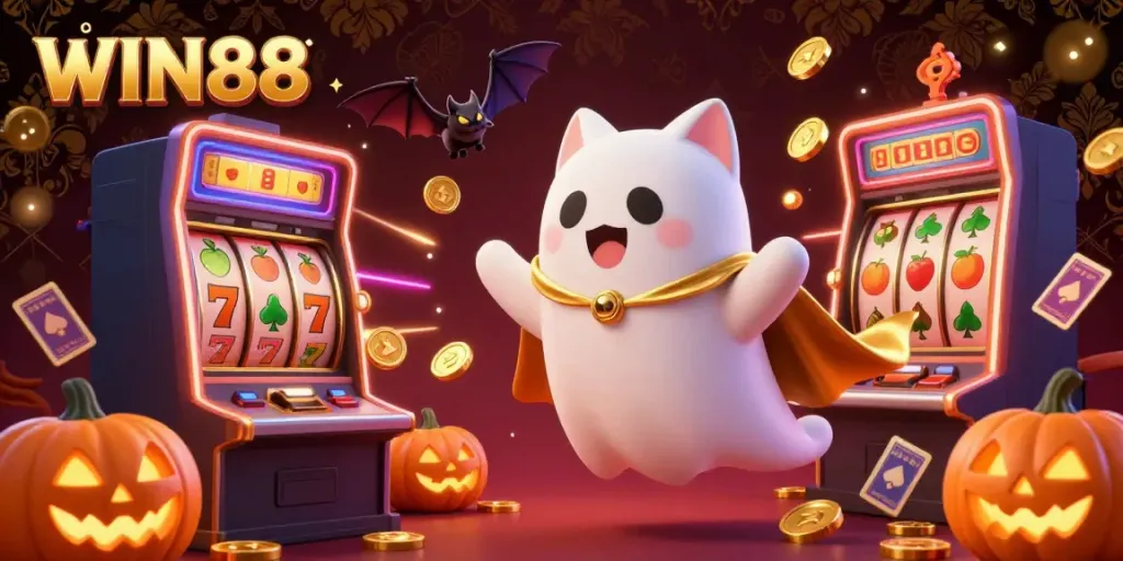 Join the excitement of WIN88 with a ghost cat and bat in a vibrant casino, showcasing sparkling slots and gold coins.