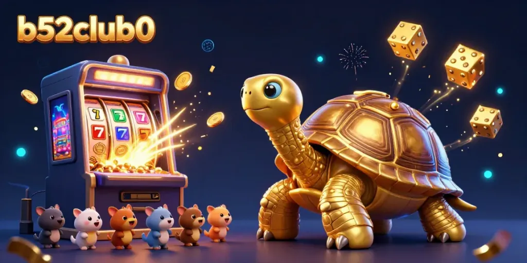 Engage in b52club0's thrilling gaming experience with a colossal tortoise pinball machine amidst a jackpot explosion.