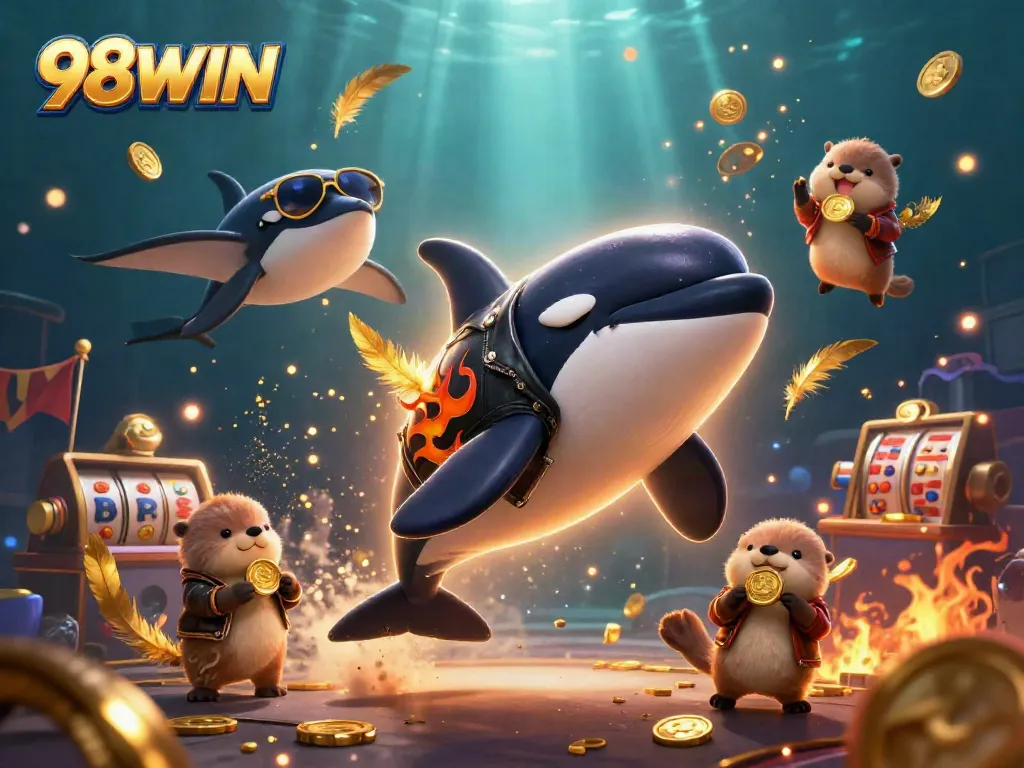 Experience thrilling gameplay at 98WIN with vibrant casino scenes featuring a playful orca, stingray, and otters.