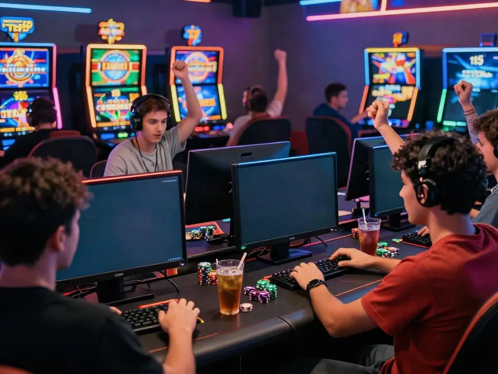 Engaged players celebrating wins while enjoying luxury12 slot games in a vibrant gaming environment.