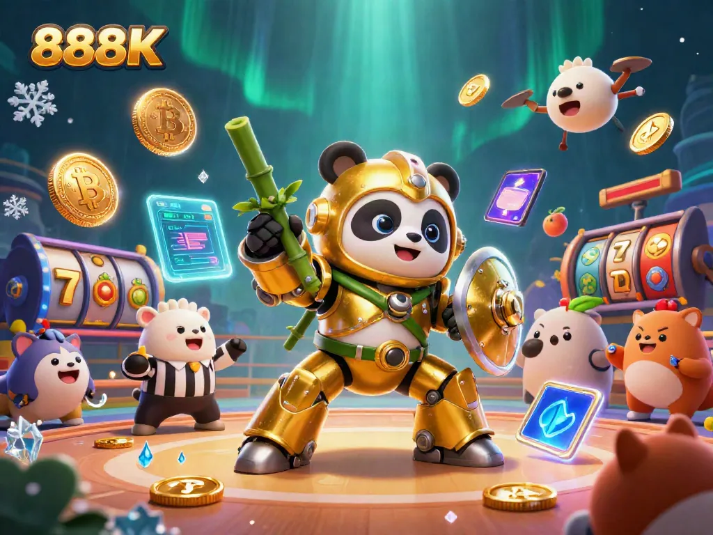 Experience the thrill of 888K casino with vibrant slot reels and crypto elements in a dynamic 3D scene.