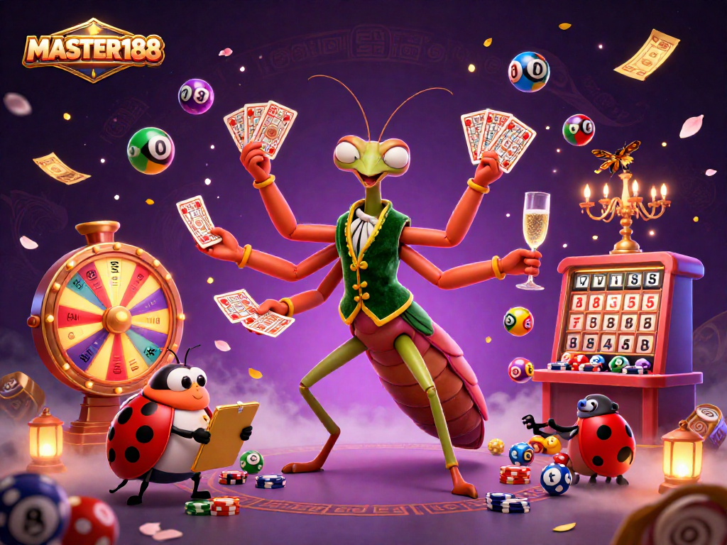 MASTER188's giant praying mantis dealer entertaining players with energetic casino fun.