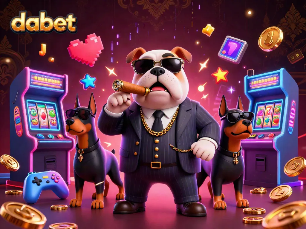 Dabet players engage in thrilling slot games surrounded by vibrant 3D arcade elements in a dynamic casino scene.