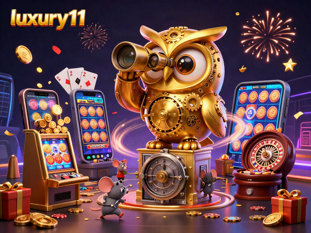 Engage with luxury111 in this vibrant casino scene featuring an animated owl and games galore.