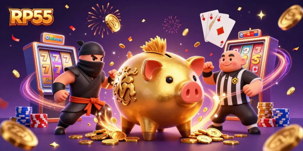 RP55 gaming illustration showing golden piggy bank sumo wrestler and dynamic slot machine elements for an engaging casino experience