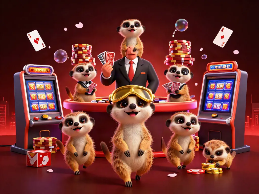 Engage with the dynamic DN88 casino scene featuring meerkats orchestrating a casino operation, emphasizing lively gameplay.