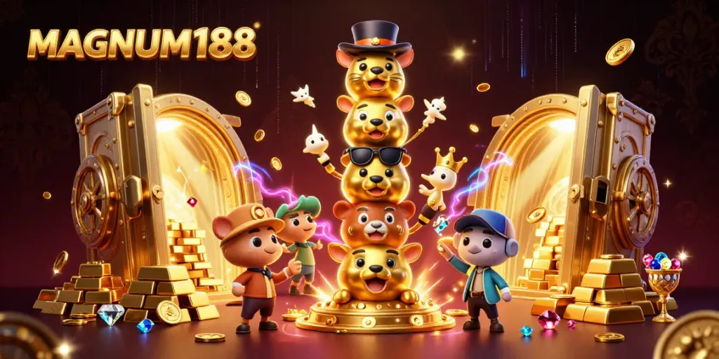 Experience thrilling wins with MAGNUM188 at this vibrant casino adventure illustration.