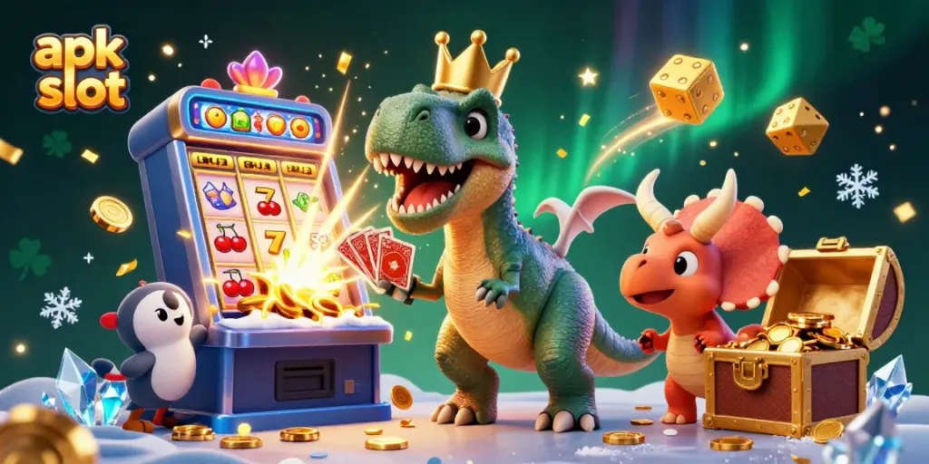 Experience thrilling gameplay with apk slot as whimsical characters shuffle cards amidst vibrant casino elements.