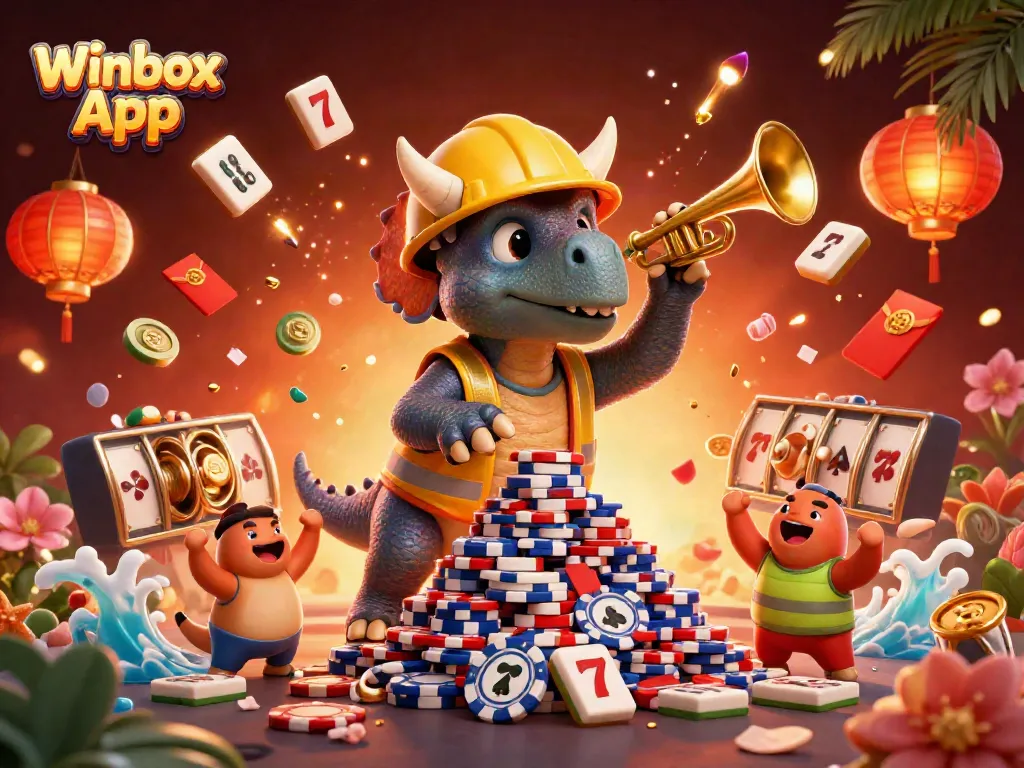 Bet and win big with the Winbox App, as playful characters celebrate in a vibrant casino scene.