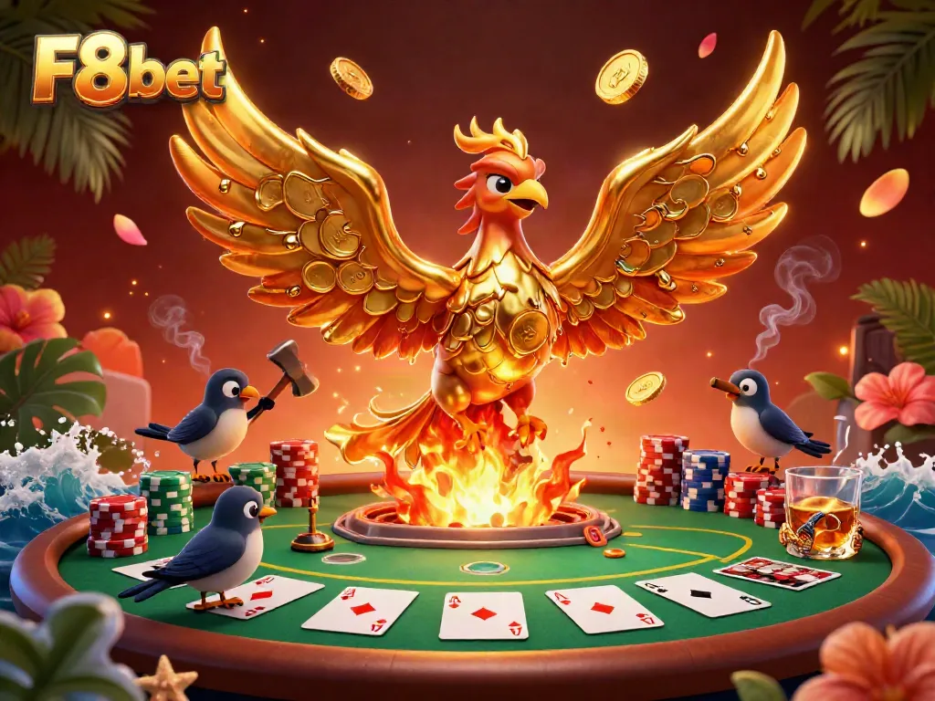 Engage with F8bet's vibrant casino world featuring a molten phoenix and exciting card games.