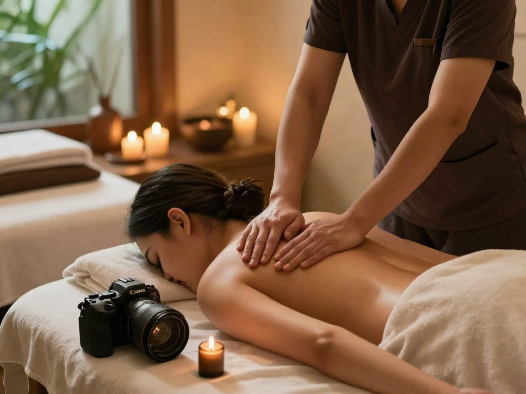 Enjoying 성북구출장마사지 in a serene spa setting, highlighting relaxation with candles and soothing ambiance.