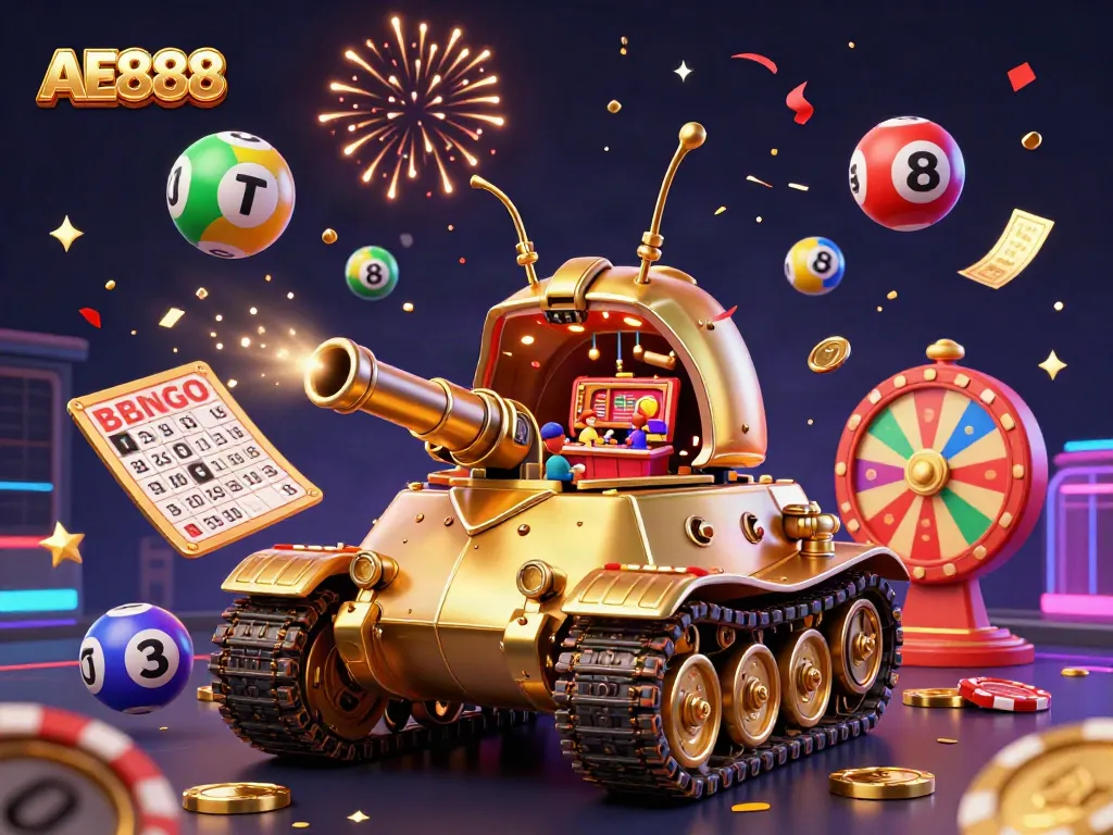 Experience the thrilling AE888 action as confetti and lottery balls burst from a captivating digital casino.