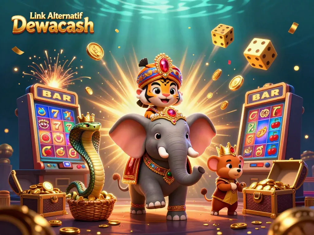 Experience the magic of gambling with the Link Alternatif Dewacash scene featuring a tiger maharaja and treasure.