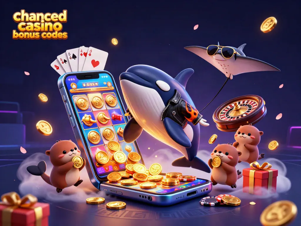 Engage with chanced casino bonus codes in a dynamic, colorful 3D gaming scene featuring vibrant characters and casino elements.
