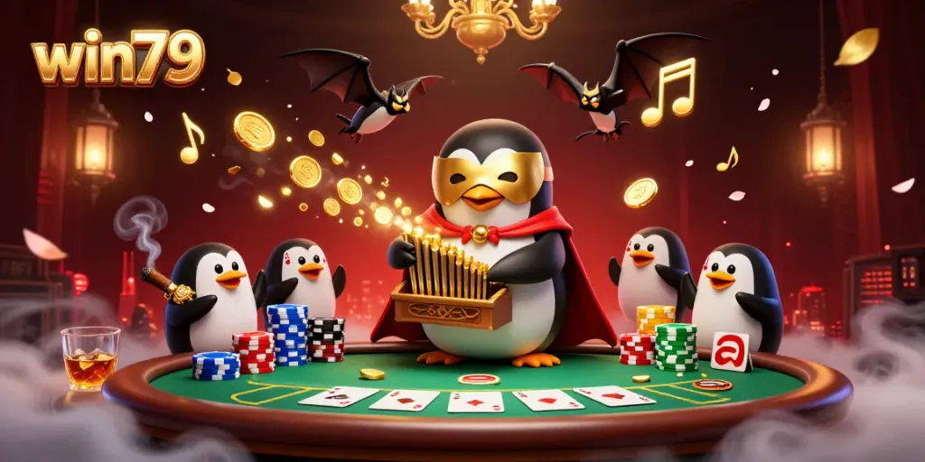 Experience the excitement of win79 with a dynamic 3D casino scene featuring a penguin playing an organ and golden coins.
