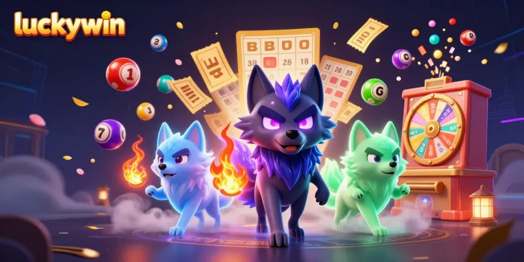 Engage with luckywin's vibrant casino experience surrounded by colorful lottery balls and dynamic elements.