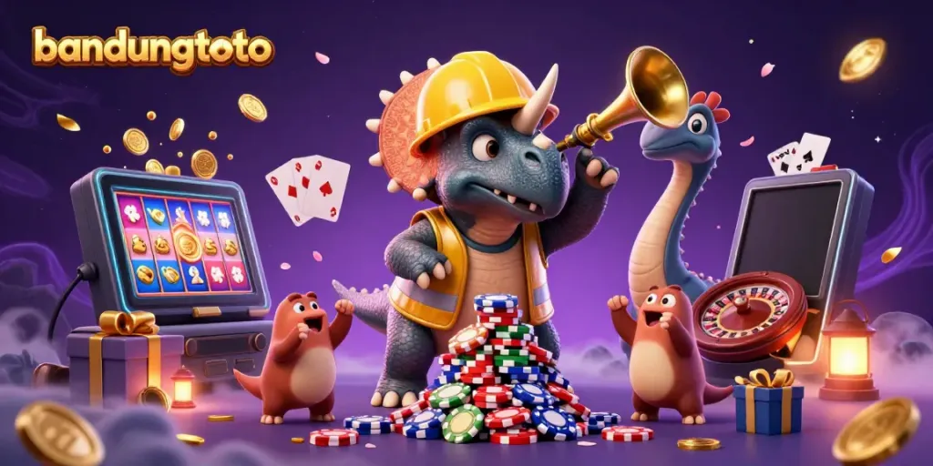 Experience thrilling gameplay with bandungtoto as a triceratops builds poker chips amidst festive gaming elements.