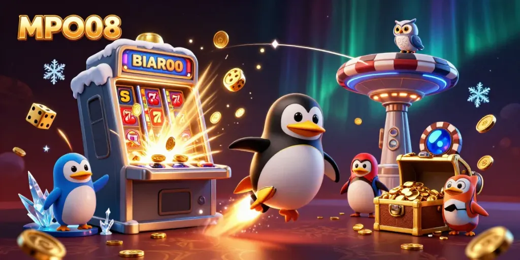 MPO08-themed 3D illustration of a penguin spaceship and slot machine with casino elements.