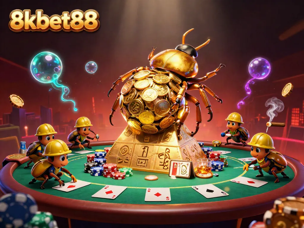 Engage with thrilling action at 8xbet88 featuring golden beetles amidst dynamic poker elements.