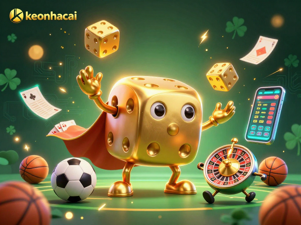 Engage with keonhacai as the golden dice golem and roulette-ball head showcase thrilling sports betting excitement.