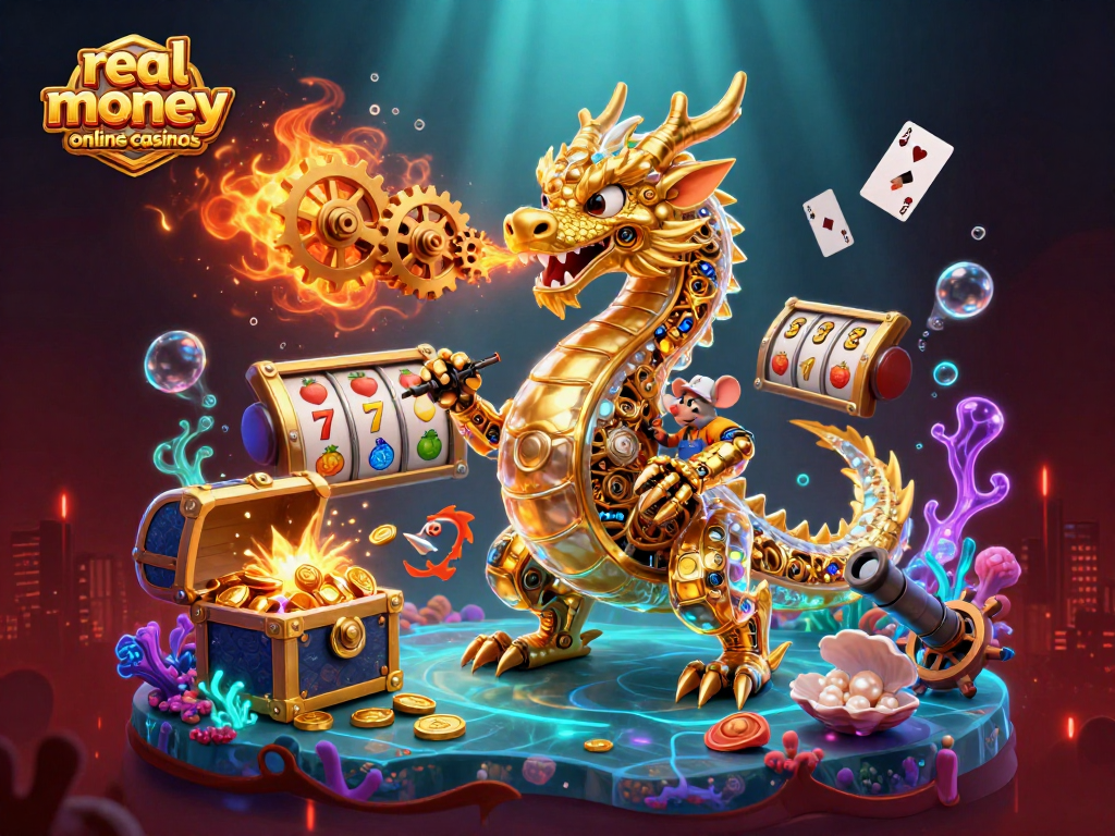 Experience the excitement of real money online casinos with a golden dragon breathing gears among treasures and games.
