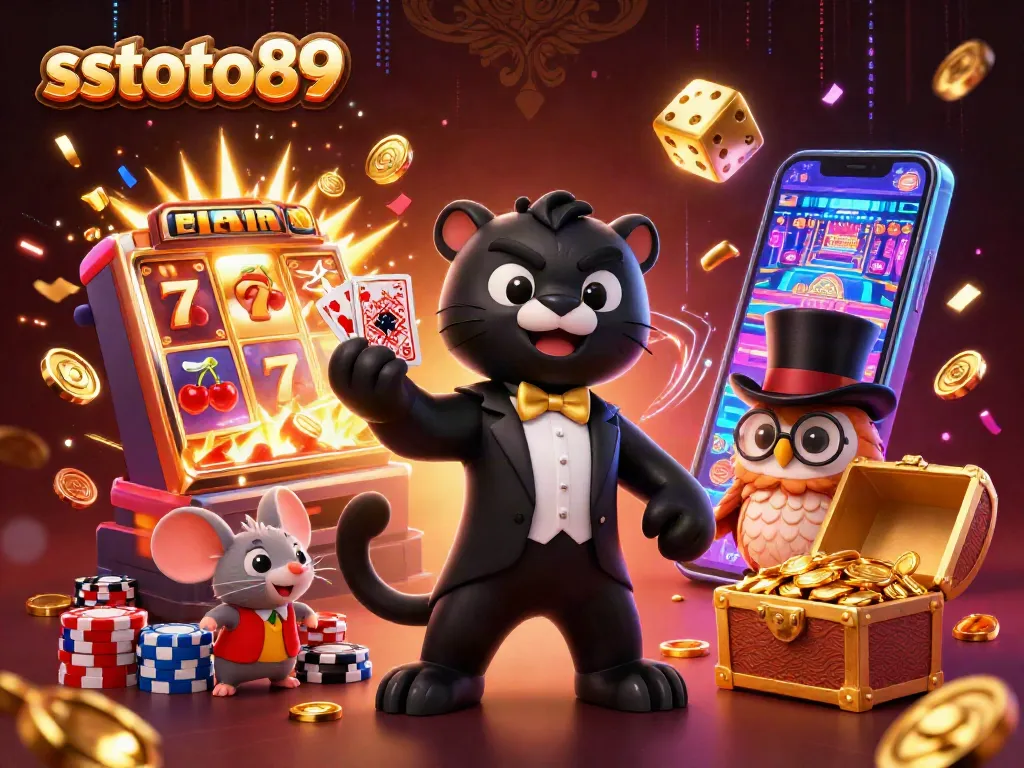 sstoto89 menawarkan pengalaman bermain kasino yang seru dengan ilustrasi karakter kartun dan mesin slot yang penuh warna.