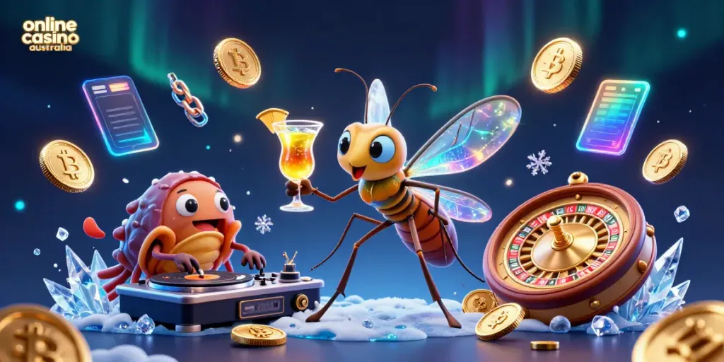Experience the excitement of online casino Australia in this lively 3D scene featuring unique characters and casino elements.