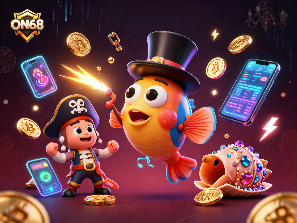 Engage with ON68's vibrant casino experience attracting golden coins with deep-sea characters.