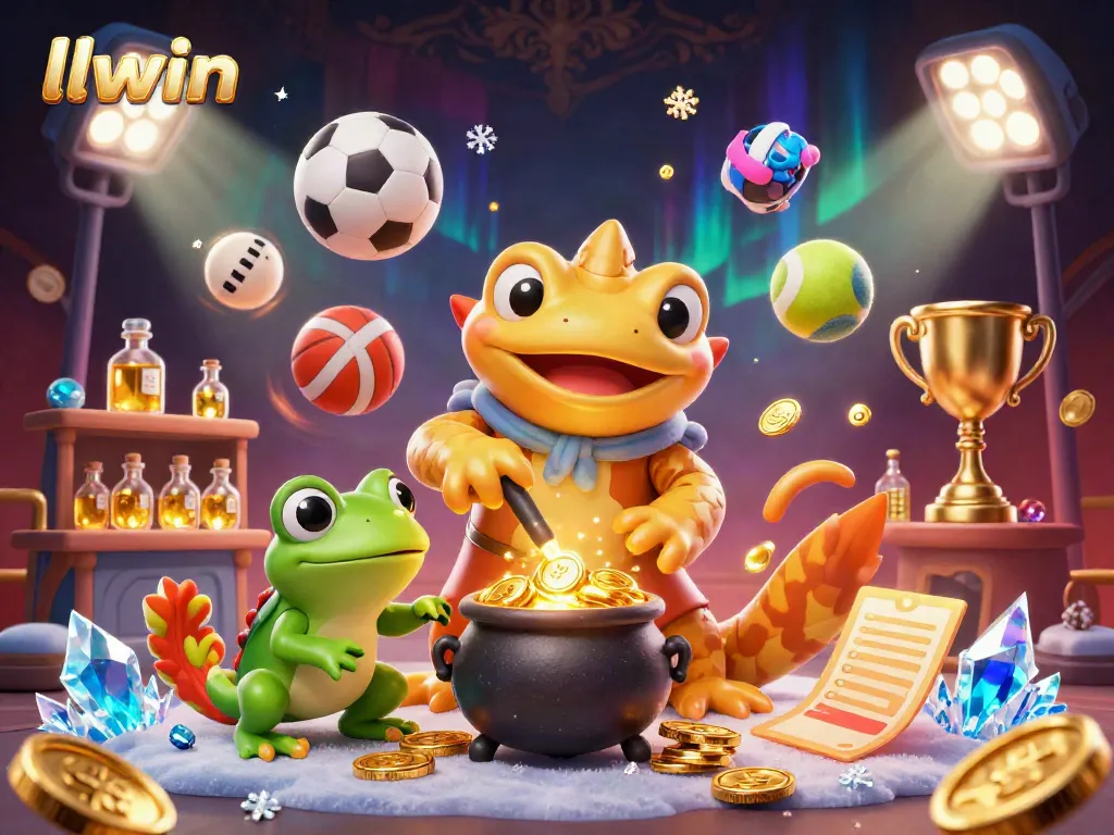Experience the magic of llwin casino with vibrant characters, gold coins, and dynamic sports elements.