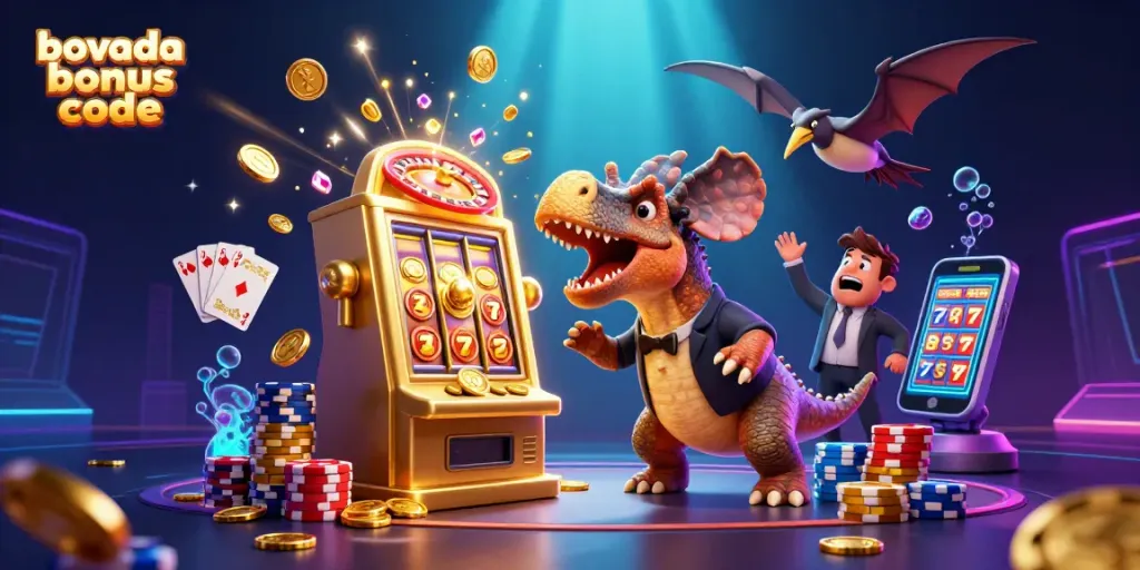 Win with the bovada bonus code while a pachycephalosaurus triggers a slot machine jackpot!